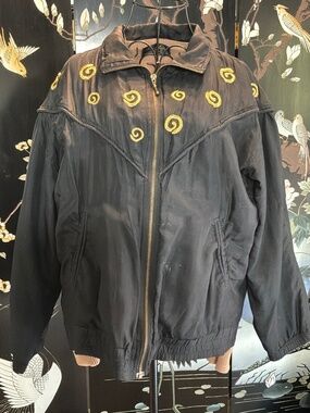 Vintage 80s 90s EVR Silk Bomber Jacket Black Gold Swirl Embroidered Size M¡